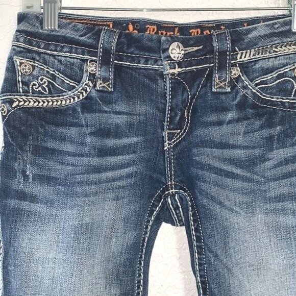 Rock Revival Sasha P31 Bootcut Jeans Womens 29 Dark Wash Distressed Denim Embroi - Picture 6 of 15